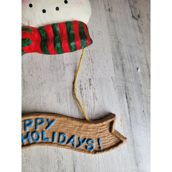 Vintage paper mache happy holiday snowman face hanging sign Xmas decor - Picture 2 of 6